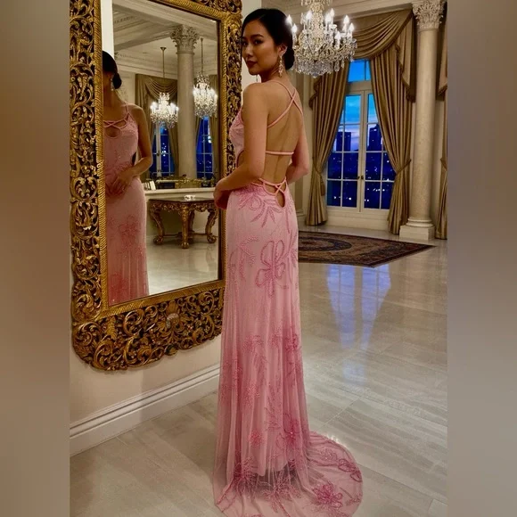 Attitudes by Debra chic Pink hand beaded long Dress